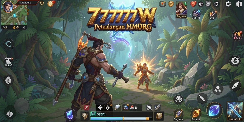 Gameplay seru dalam 7777W dengan pertempuran epik antara karakter dan monster.