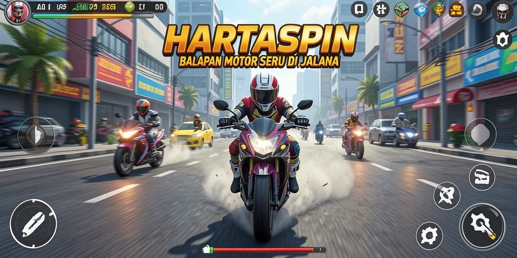 Gameplay seru HARTASPIN dengan balapan motor yang mendebarkan.
