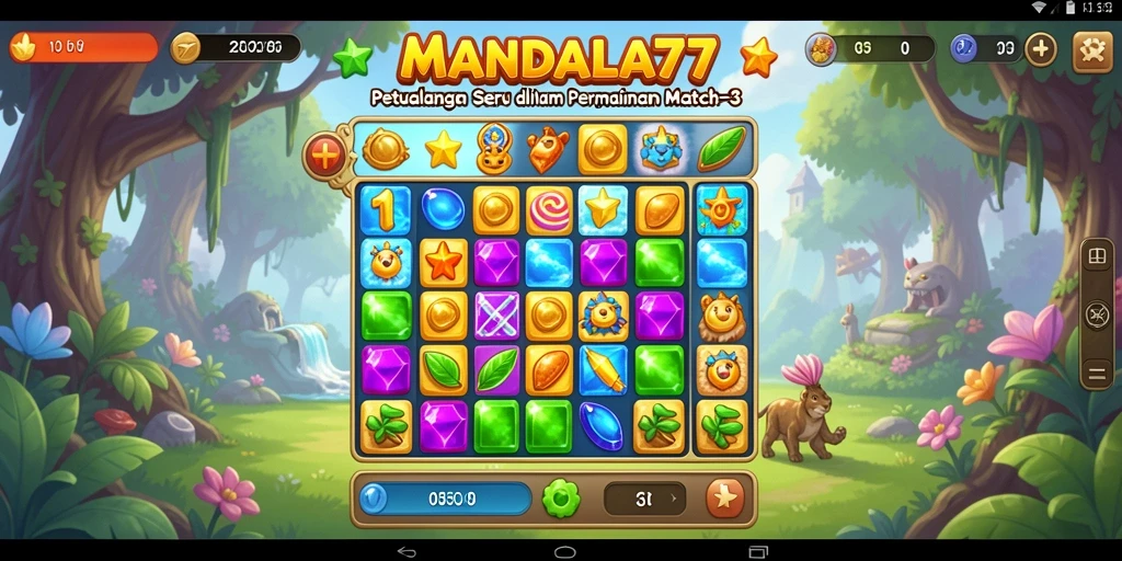 Tampilan gameplay seru MANDALA77 dengan permaianan Match-3 yang menarik.