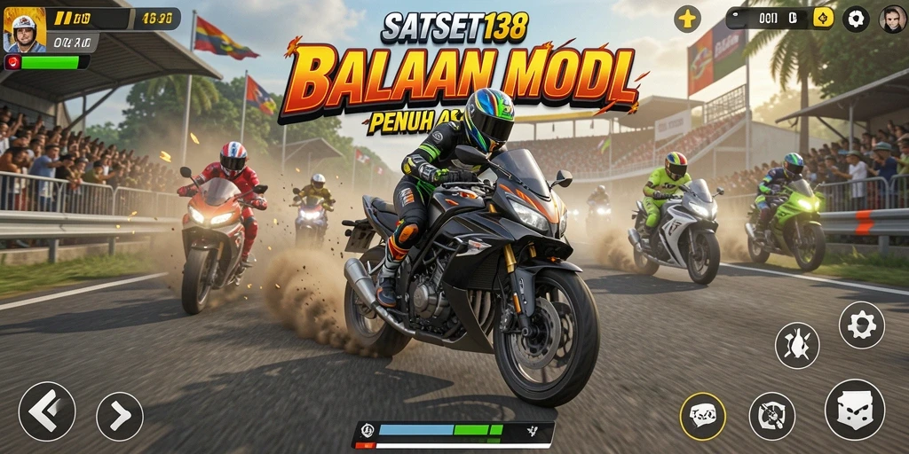 Tampilan gameplay motor racing yang mendebarkan dan penuh aksi.